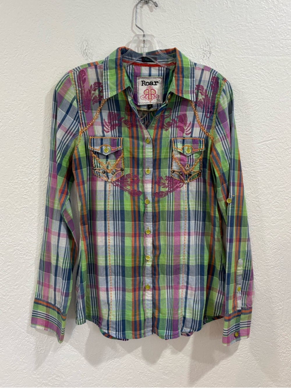 Roar Colorful Plaid Embroidered Western Shirt
